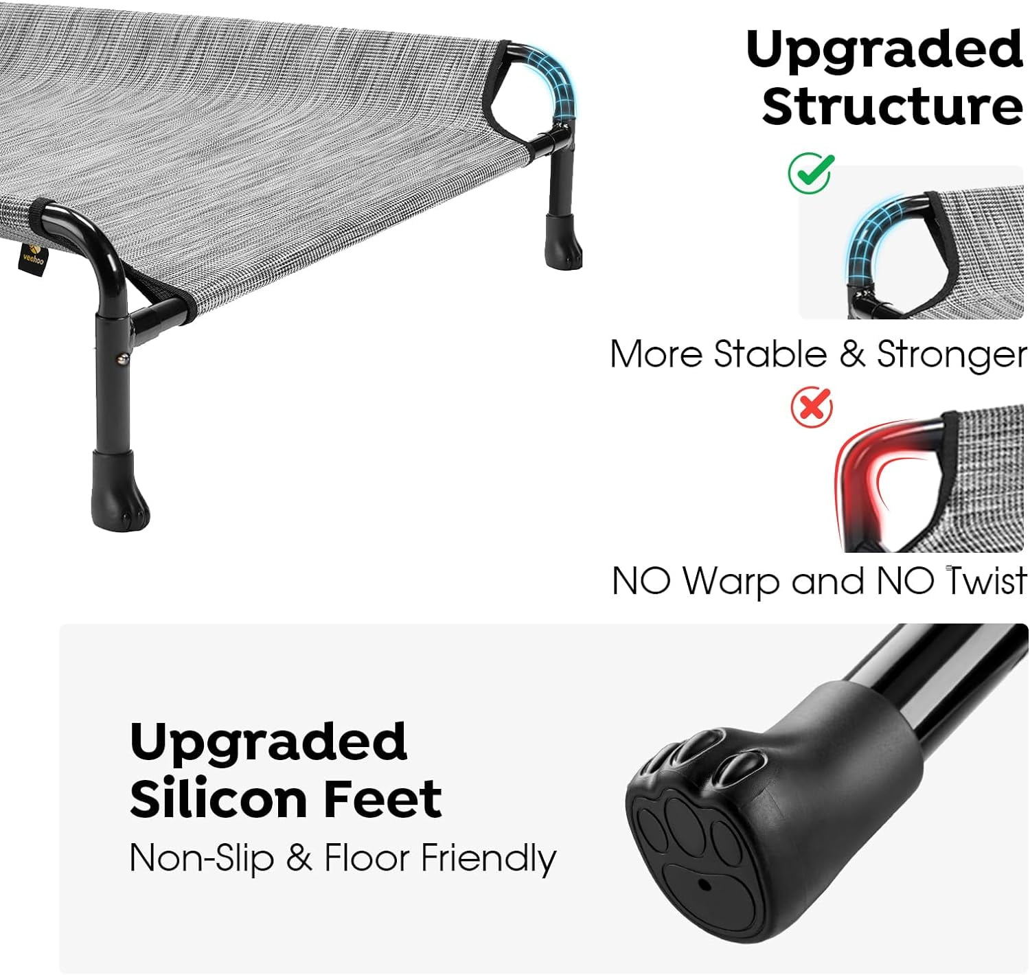 Elevated Dog Bed, Raised Dog Cots for Large Dogs, Waterproof Outdoor Dogs Bed, Cooling Pet Hammock with Guardrail, Upgraded Non-Slip Feet, Breathable Teslin Mesh, Black Silver, 41x 27 inches