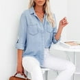 thumbnail image 2 of Womens Button Down V Neck Denim Shirts Long Sleeve Blouse Roll Up Cuffed Sleeve Casual Work Plain Tops with Pockets, 2 of 9