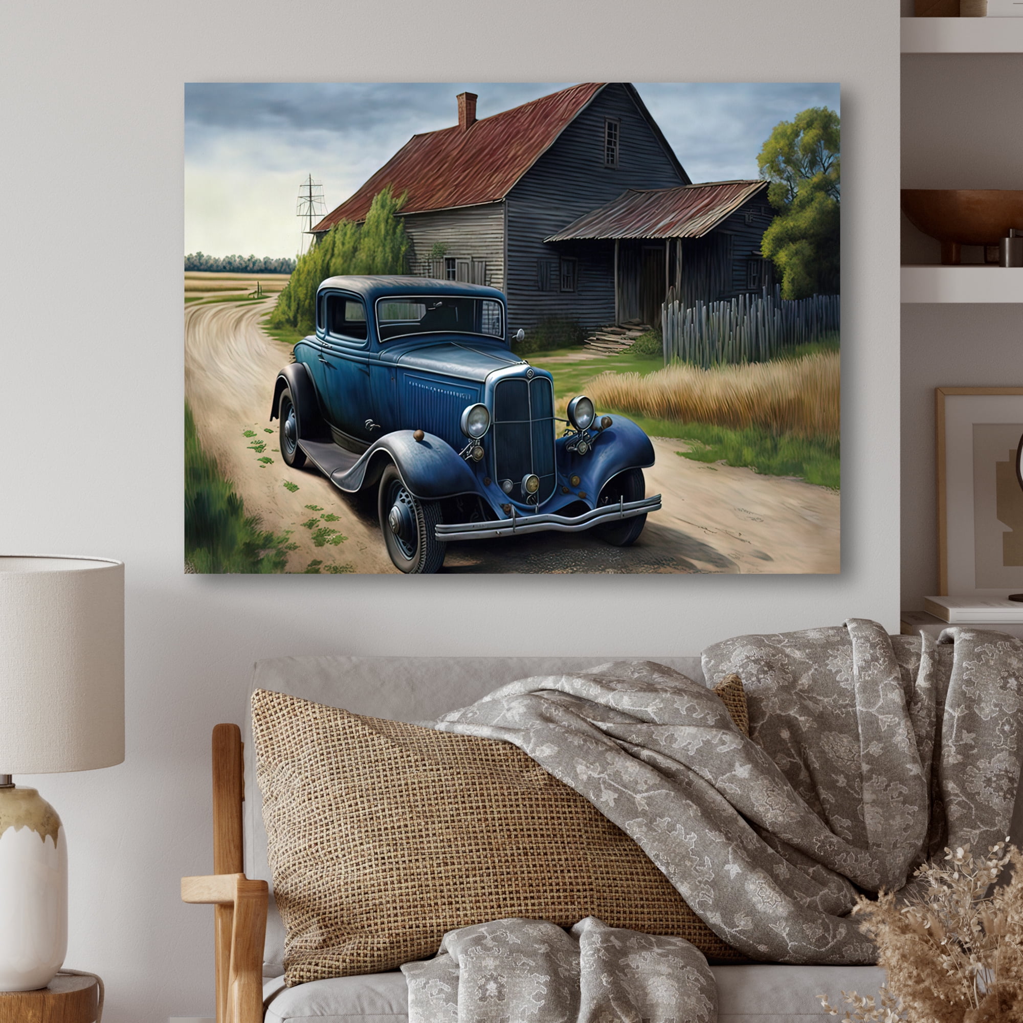 Designart 30S Ford Car In Barn IV Canvas Wall Art