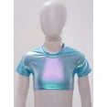 thumbnail image 6 of TiaoBug Kids Girls Shiny Metallic Short Sleeve Crew Neck Tee Shirt Hip Hop Jazz Ballet Dance Crop Top Sky Blue 15-16, 6 of 7