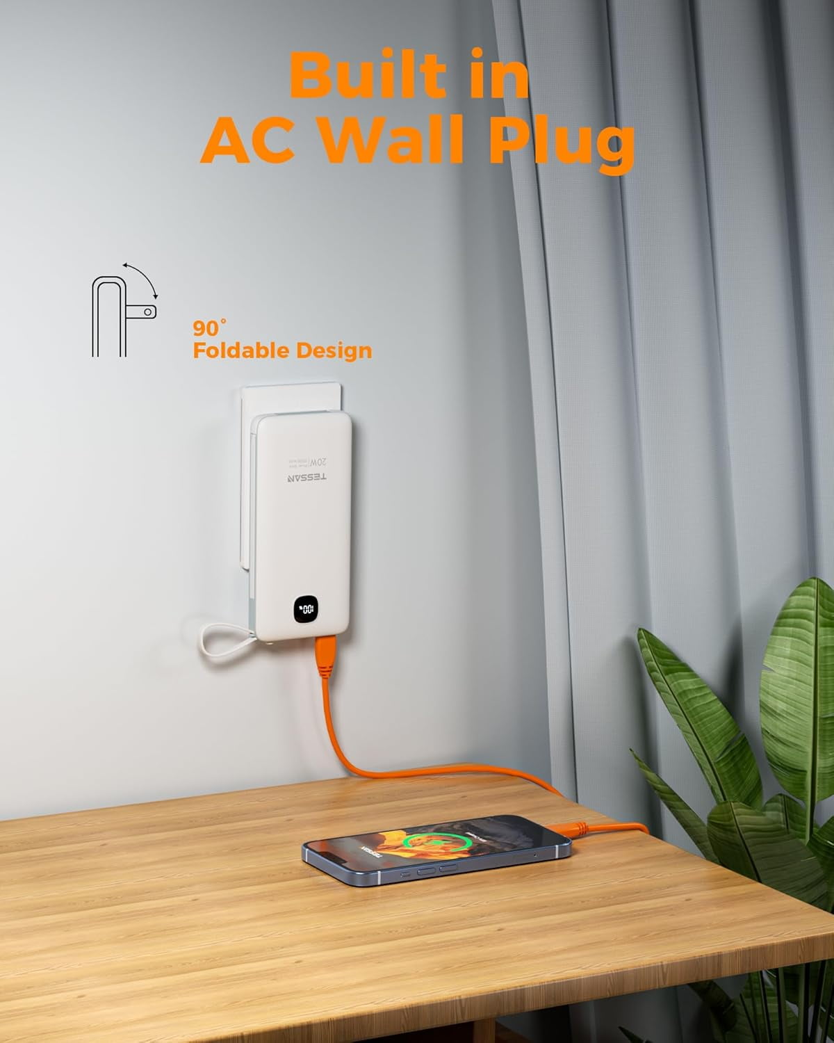 Portable Charger with Built in Cables, 10000mAh Power Bank Fast Charging with Foldable Wall Plug Charger, PD20W Compact Battery Pack Travel Essentials for iPhone 17/16/15 Series,Samsung,Tablets