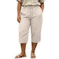 thumbnail image 5 of yardsong Womens Cotton Linen Capri Pants with Lace Trim Plus Size Drawstring Elastic Boho Summer Capris Pant with Pockets 2026 Beige,XXL, 5 of 6