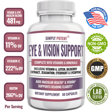 Eye Vitamins, Natural Eye & Vision Supplements, Macular Health Formula w/ Lutein, Zeaxanthin, Bilberry Extract, Eyebright & Lycopene for Retina, Lens & Macular Degeneration Support, 60 Capsules