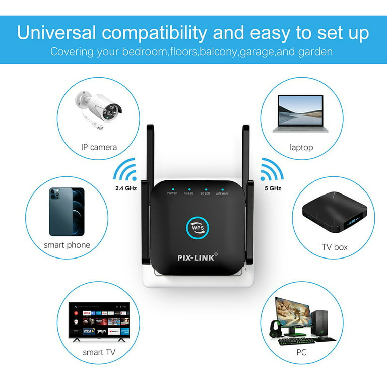 PIX-LINK WiFi Range Extender Repeater, 5GHz/2.4GHz Dual Band 1200Mbps WiFi  Repeater Wireless Signal Booster, 360 Degree Full Coverage WiFi Extender  Signal Amplifier with 4 Band Antennas 