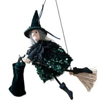 Hanging Fancy Witch on Broomstick Halloween Decoration Dolls Pendant , Unique Hanging Halloween Decor, Indoor Outdoor Haunted House Decoration, 9 Inches