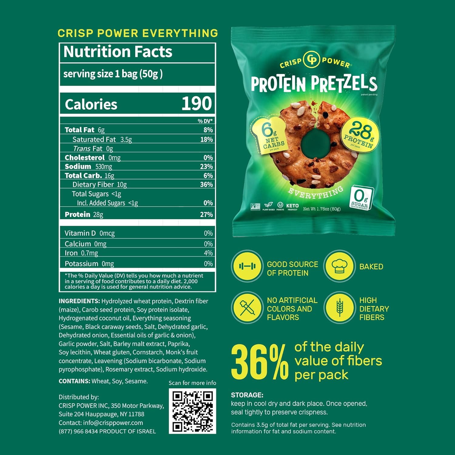 CRISP POWER Protein Pretzels, Variety Pack With Sea Salt, Sesame, & Everything, Up To 28G Protein, High Protein Snack, High Fiber, Low Carb Crunchy Pretzel Snacks, No Added Sugar, 1.75 oz Bags, 6 Pac