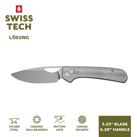 Swiss Tech LOSUNG Cool Gray Micarta Folding Knife, 14C28N Steel, 4-Way Opening