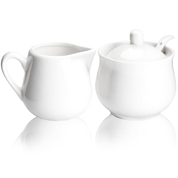 Quyimy Ceramic Sugar & Creamer Set – 3-Piece White Set with 7oz Sugar Bowl, 7oz Creamer Pitcher, and Spoon – Coffee Serving Set for Countertop or Kitchen