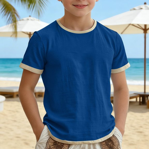 Boys Summer Casual Short Sleeve Shirt Blend Round Neck Tee Color Design Comfortable Daily Wear Top For KidsBlue5-6 Years