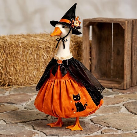 Halloween Witch Themed Dress And Hat Set For 19 To 23 Inch Porch Goose Statue Fall Yard Decor With Black Cat And Pumpkin Motifs