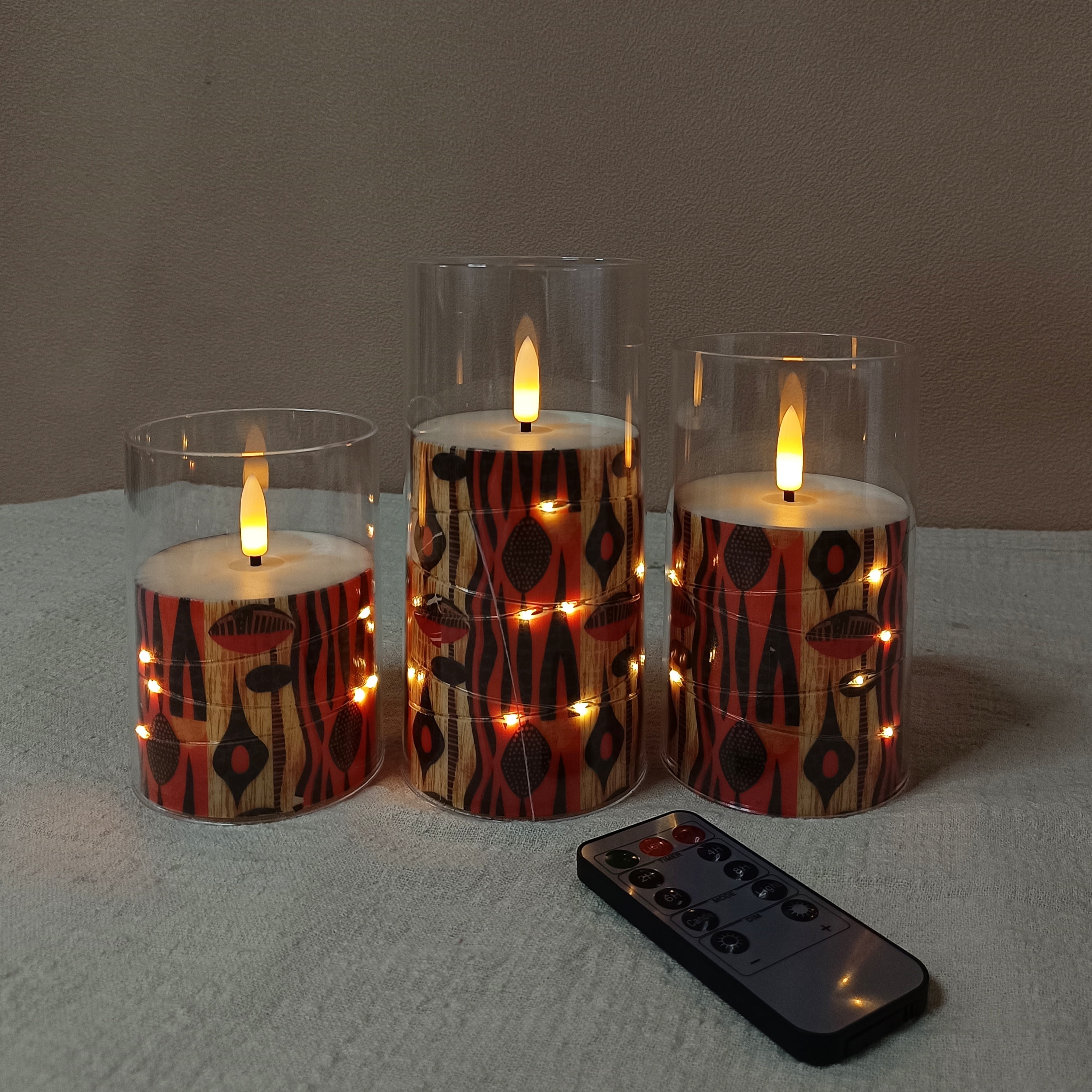 Flameless Candles with String Lights LED Candle Battery Operated Candles with Remote Control,Printed Pillar LED Candles for Wedding Holiday Party Table Home Decorations,Set of 3