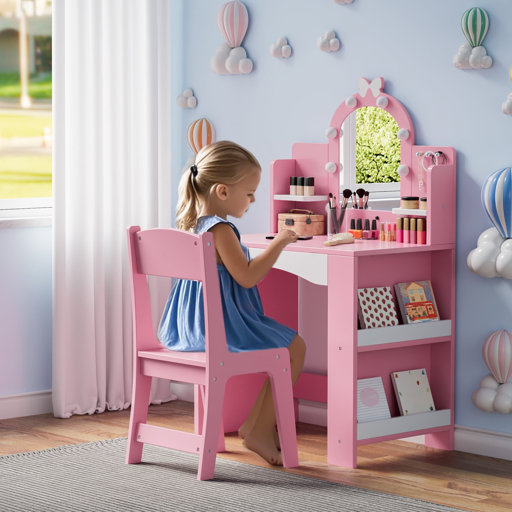 Reasea Kids LED Lights Vanity Table Set,Kids Vanity Table and Chair Set,Pink