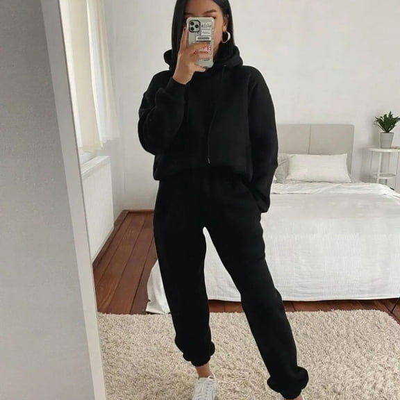 Hooded Loose Fit Sweatshirt & Joggers (XL, Black)
