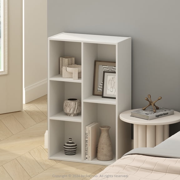 Furinno Reed 5-Cube Reversible Open Shelf Multipurpose Bookcase, Storage Organizer, White