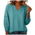 thumbnail image 2 of JOANKDMI Women's Solid Basic Tees V Neck 3/4 Sleeve Tops Casual Loose Fit Shirts Dressy Blouses with Ruched Cuffs Details Fall Fashion Everyday Outfit, 2 of 5