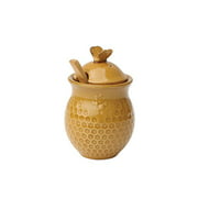 Creative Co-Op Small 3 Piece Yellow with Decorative Bees Stoneware Honey Jar with Lid & Wood Honey Dipper