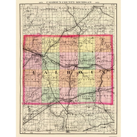 Historic County Map - Calhoun County Michigan - Walling 1873 - Vintage Wall Art