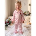 thumbnail image 5 of Cjfdfy Toddler Baby Girl Boy Christmas Satin Pajamas Tree Santa Claus Print Long Sleeve Ruffle Trim striped Shirt Pants Kids Baby Cute My First Christmas Holiday Sleepwear 1-6Y, 5 of 9