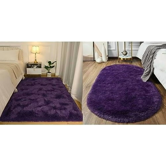 2 Deep Purple Rugs Set, 4'x5.3' Rectangular and 2.6'x5.3' Oval Rug Set, Area Rugs for Bedroom Living Room, Fluffy Fuzzy Shag Shaggy Carpet Soft Plush Furry Bedside Rug