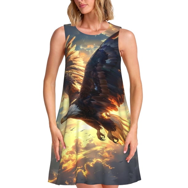 Fotbe Golden Sky Bald Eagle Vestido de Verano sin Mangas para Mujer – Vestido Midi Línea A, Estilo Camiseta Floral, Vestido Playero Casual y Fluido