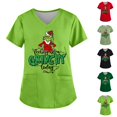 thumbnail image 2 of MIARHB Ropa de trabajo para mujer, tallas grandes, uniforme de trabajo con estampado navideño, camisetas de manga corta con cuello en V cruzado y estampado del Grinch, divertidas camisetas de trabajo, 2 of 4