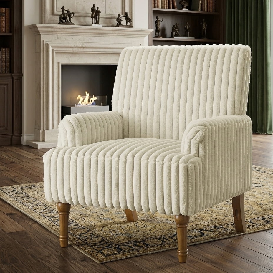 Aukfa Mid Century Corduroy Accent Chair, Wide Wale Upholstered Armchair with 9" Wood Legs for Living Room Bedroom,Beige