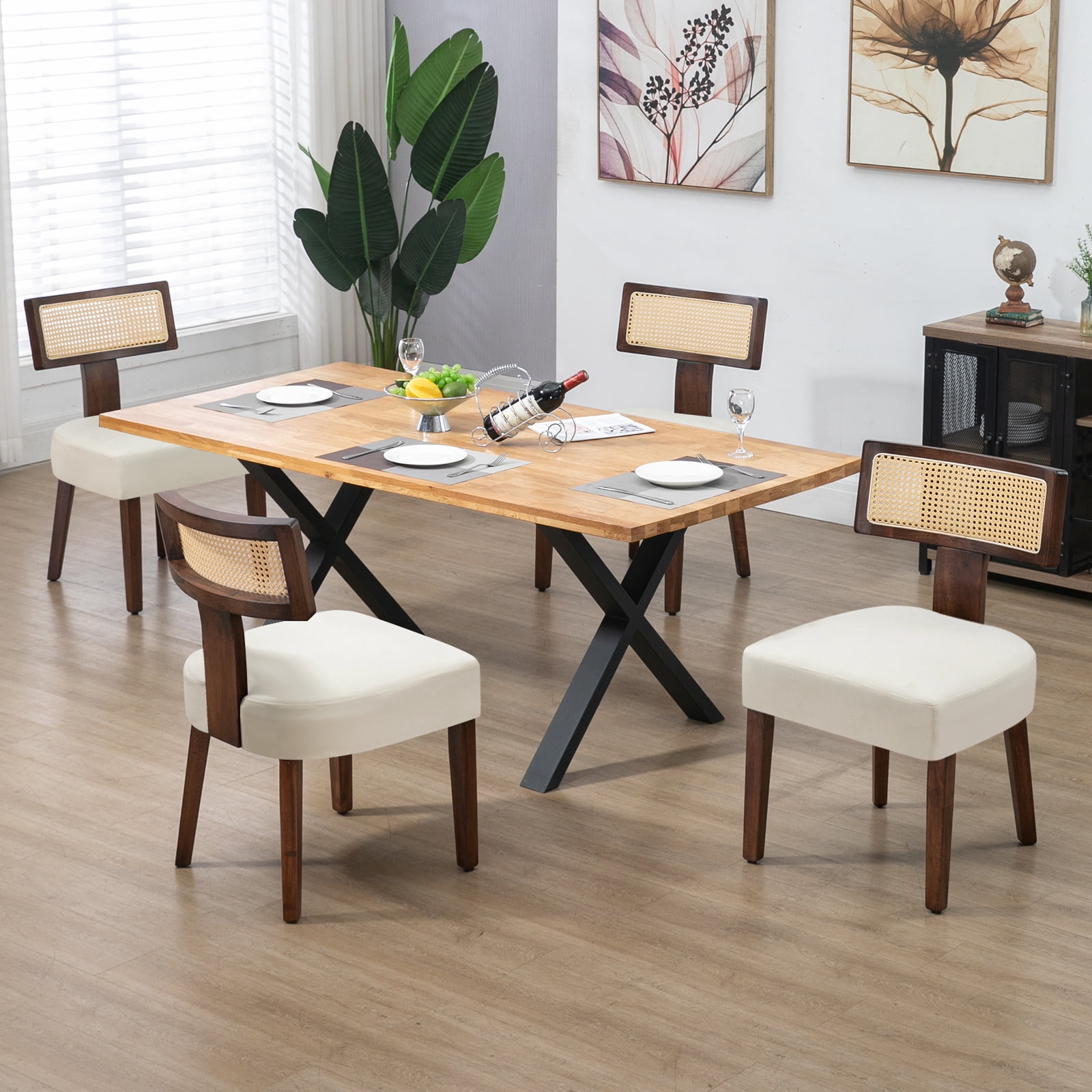Rattan Dining Chairs Set of 6, Modern Kitchen Dining Room Chair with Curved Cane Back & Hardwood Frame in Walnut Finish, Cream Linen Upholstered