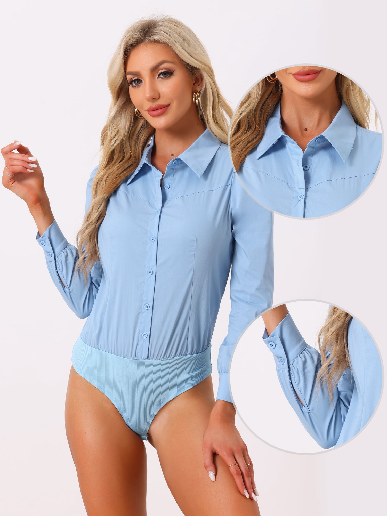DARING DIVA Leotard Shirt Collared Button Down Long Sleeves Bodysuit XL Light Blue