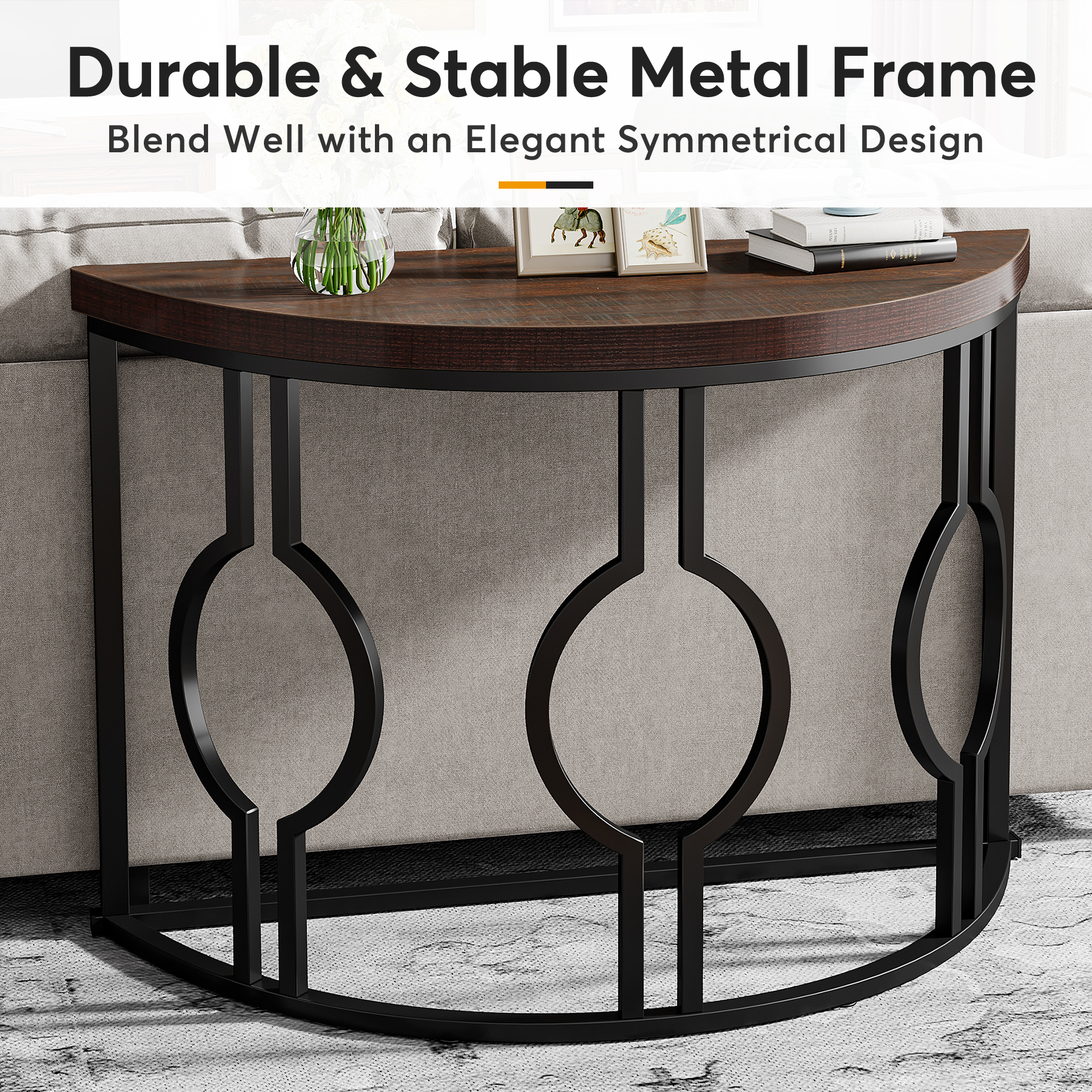 Fnova 43" Industrial Entryway Console Table, Half Moon Semi-Circle Sofa Table with Geometric Metal Base, Wood Accent Table for Living Room, Hallway, Foyer, Entrance, Easy Assembly