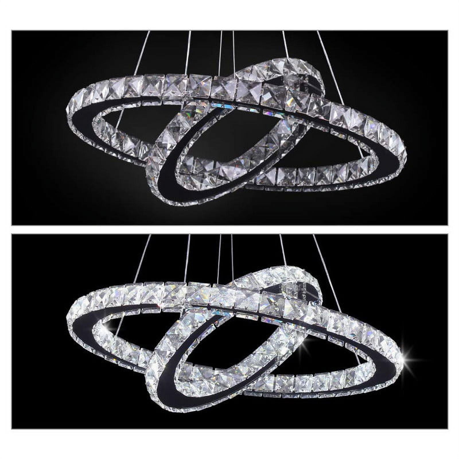 FRIXCHUR LED Modern Crystal Chandelier Ceiling Pendant Light 2 Rings Adjustable Stainless Steel Lighting Fixtures Dining Room Living Room (White)