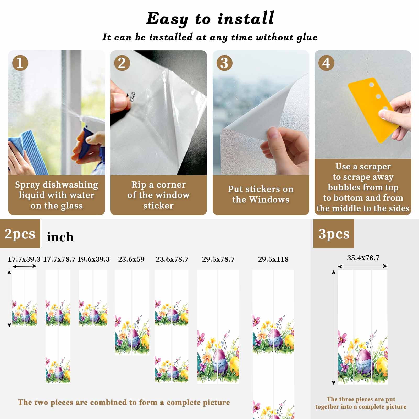 Easter Eggs Window Privacy Film, Green Yellow Purple Egg Spring Purple Yellow Floral Leaf Frosted Glass Window Clings Static Cling UV Heat Blocking Reusable Door Sticker for Bedroom 23.6x78.7 Inch
