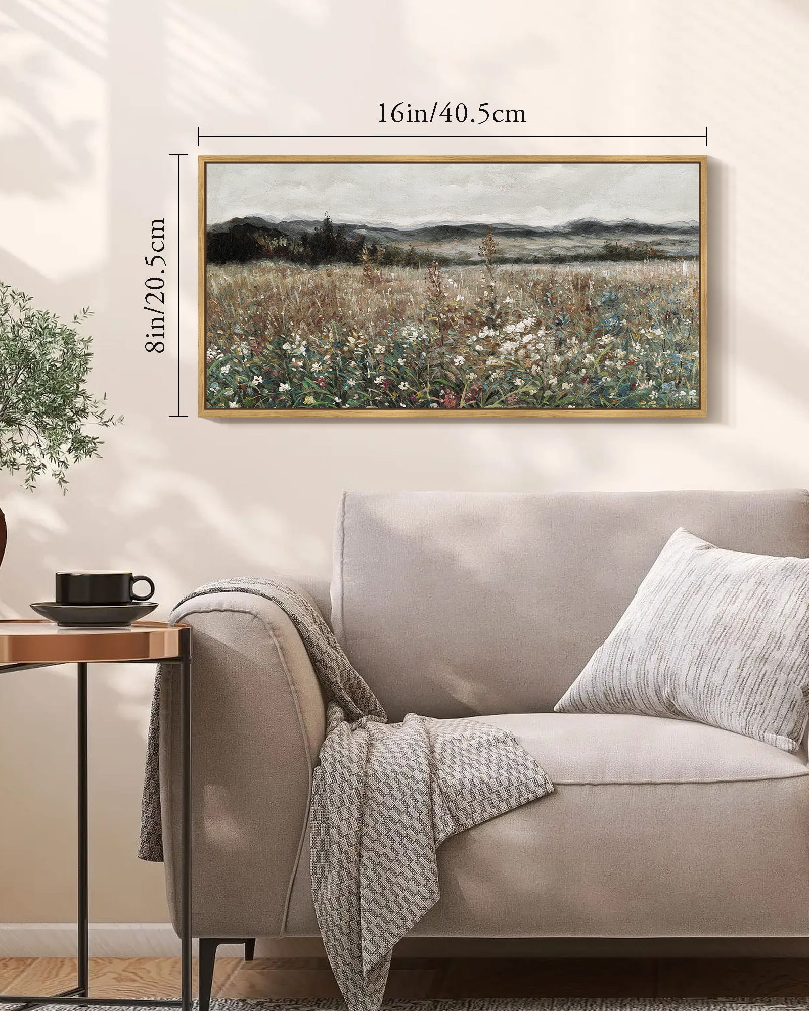 Drsoum Vintage Landscape Wall Art Meadow Sea of Flower Wall Prints Classic Retro Farmhouse Rustic Decorations for Living Room Bedroom 8x16in Natural Framed
