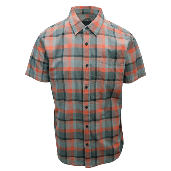 prAna Men's Bright Coral Orange Grey Black Box Plaid Benton S/S Woven Shirt S08
