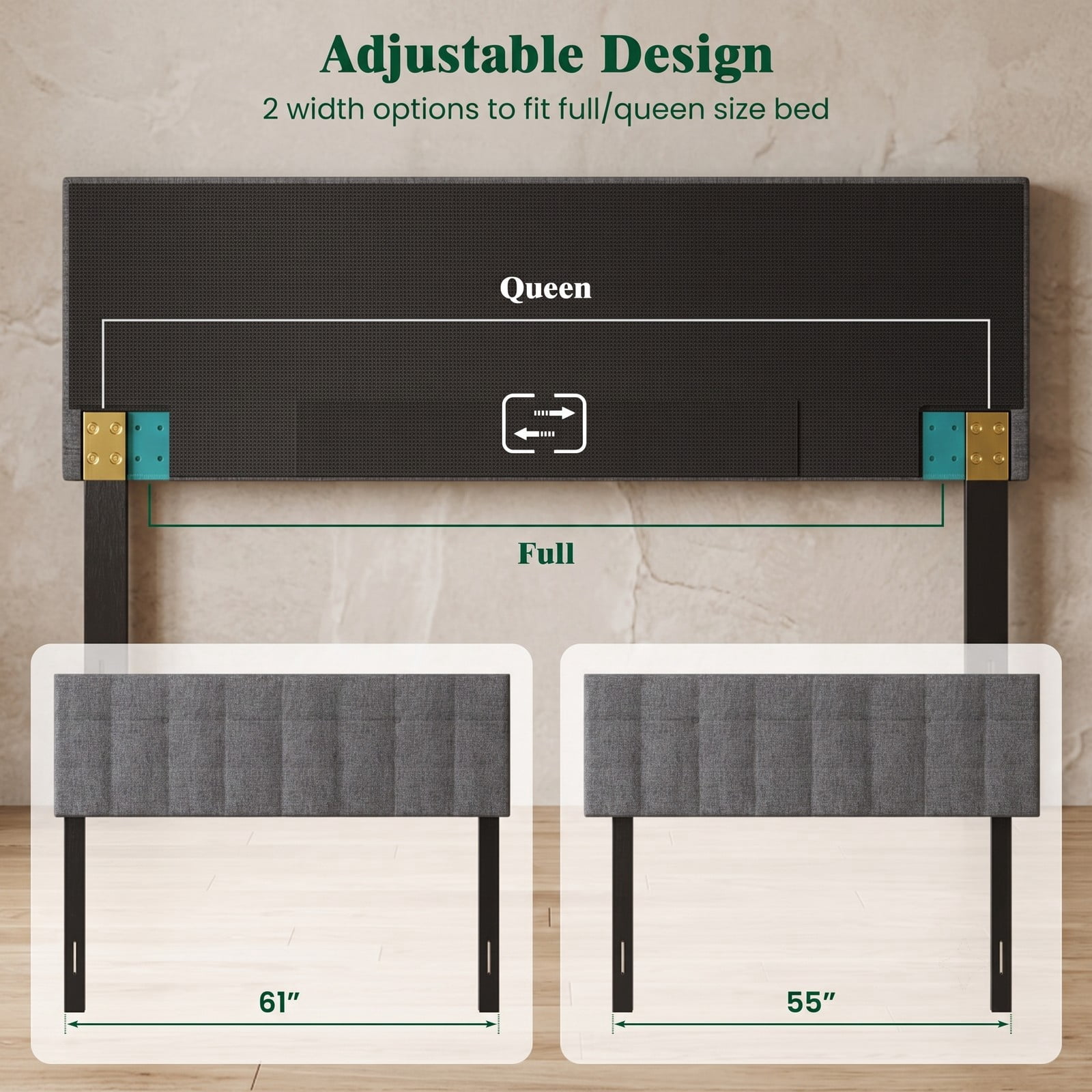 Furnibear Upholstered Headboard for Full and Queen Bed Frame, Quilted Grid Linen Panel with Adjustable Legs for Bedroom, Gray