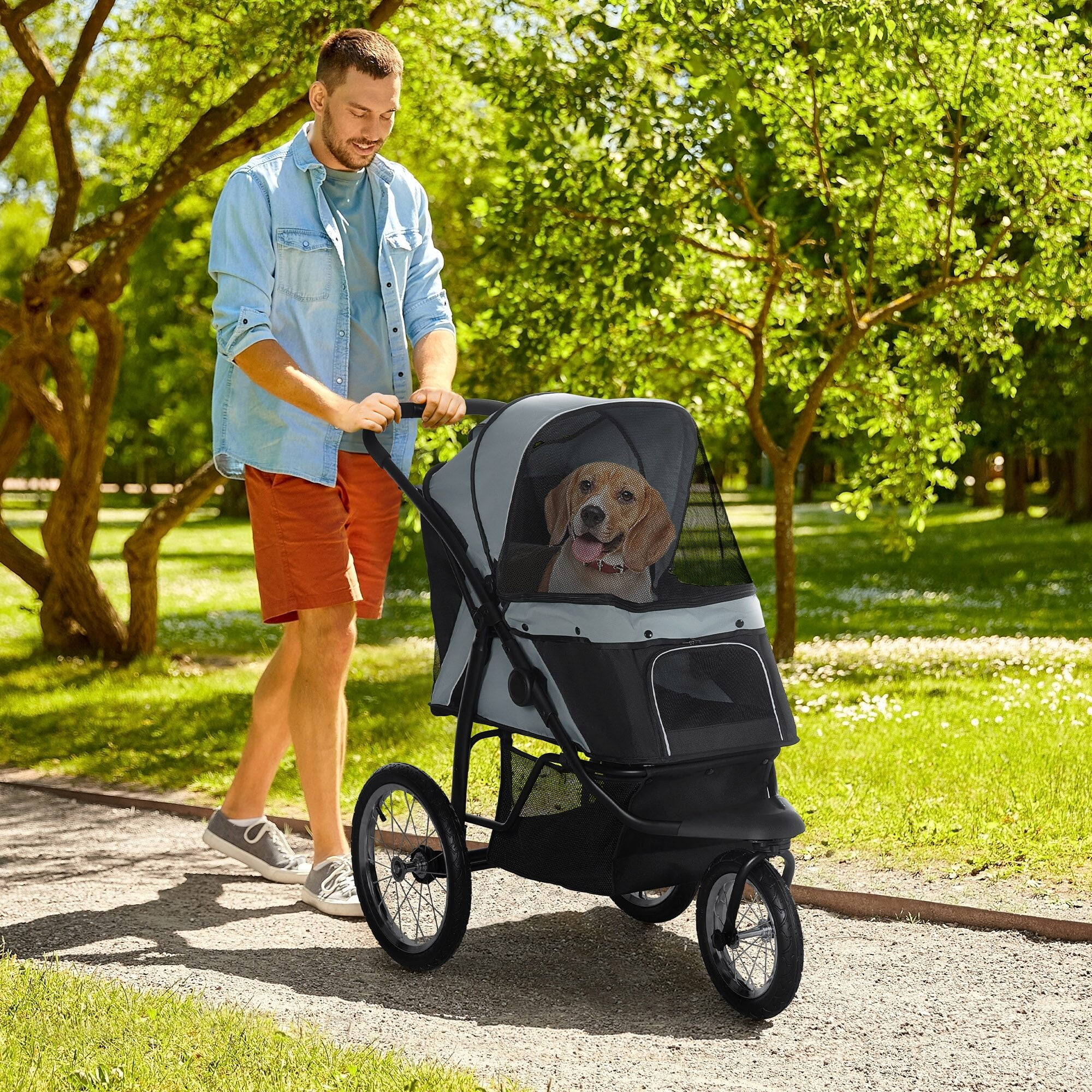 Dog Bed PawHut Pet Stroller for Small and Medium Dogs, 3 Big Wheels Foldable Cat Stroller with Adjustable Canopy, Safety Tether, Storage Basket, Gray,Large Dog Bed