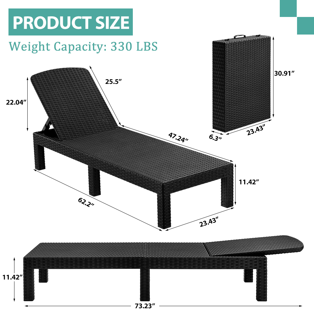 SEGMART Outdoor Lounge Chairs Set of 2, Adjustable Patio Chaise Lounges, Lounger Recliner for Poolside, Backyard, Porch, Quick Assembly, Easy Carrying, Waterproof, 330lb Capacity - Black - image 4 of 9