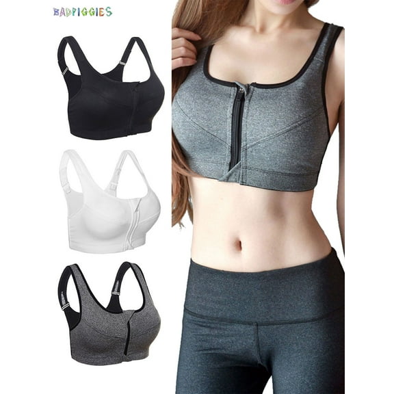 BadPiggies Women's Comfort Zip Front Close Sports Bra Padded Yoga Bra Fitness Tank Top Underwear (L, White)