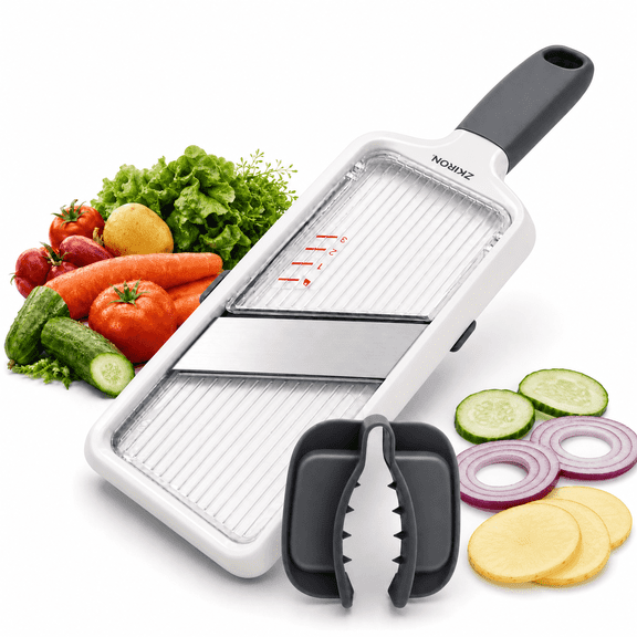 ZKIRON Adjustable Handheld Mandoline Slicer for Kitchen, Ready to Use | 1-3mm Vegetable Slicer with Grip Handle, Hand Guard and Bowl Hook for Cucumbers, Onions, Potatoes and Small-to-Medium Produce