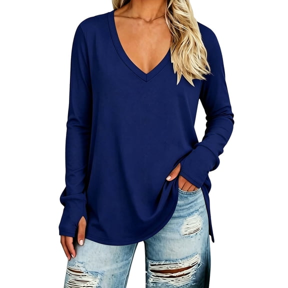 hoksml Women's V Neck Casual Tunic Top, Solid Side Slit Loose Long Sleeve Shirt
