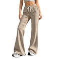 thumbnail image 2 of Stralyhd Wide Legs Pants Woman Casual Loose Fleece Pants Plaid Drawstring Elastic Waisted Long Lounge Trousers with Pockets Khaki S, 2 of 5
