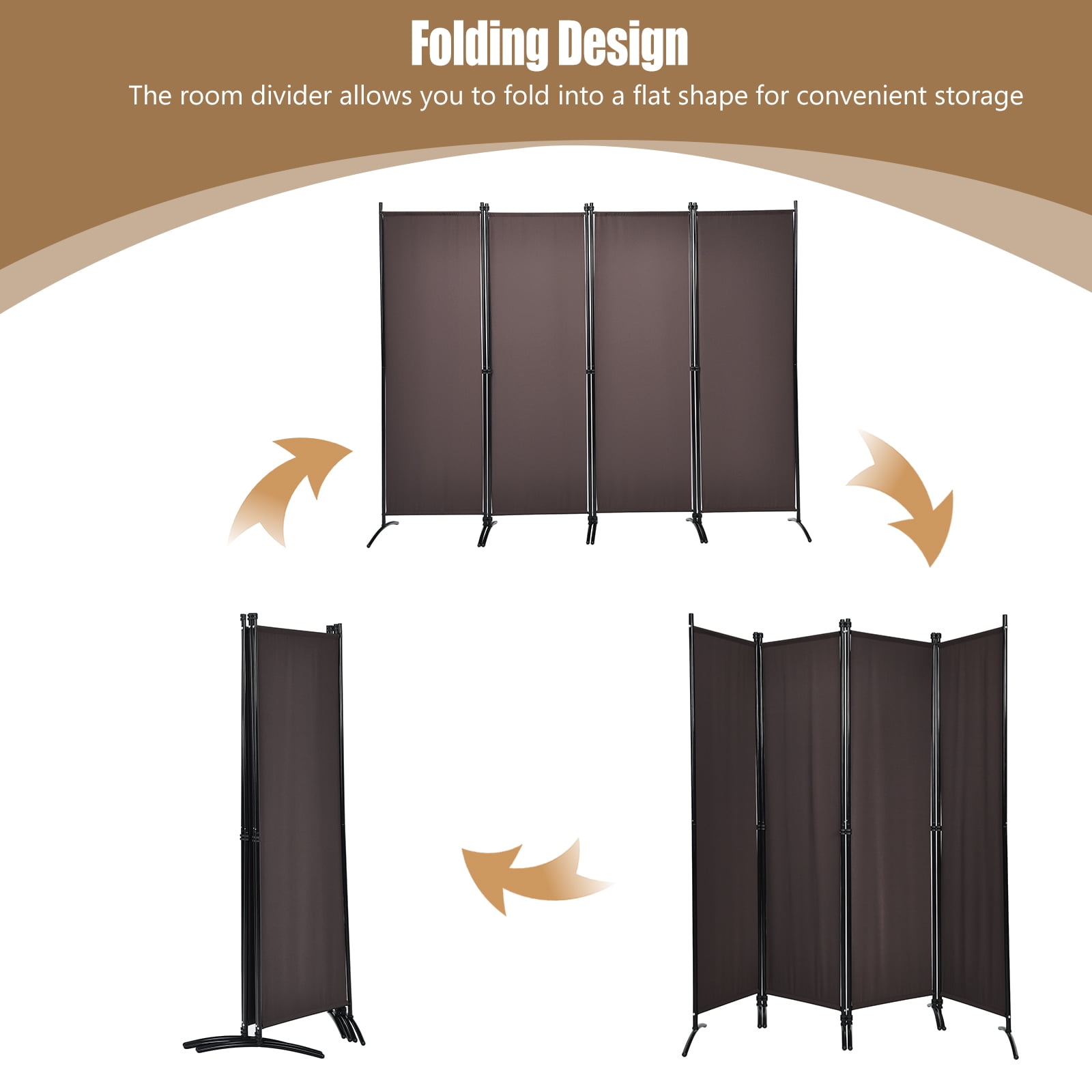 Patiojoy 5.6Ft Tall Folding Room Divider Freestanding 4-Panel Privacy Screen w/Iron Frame Coffee