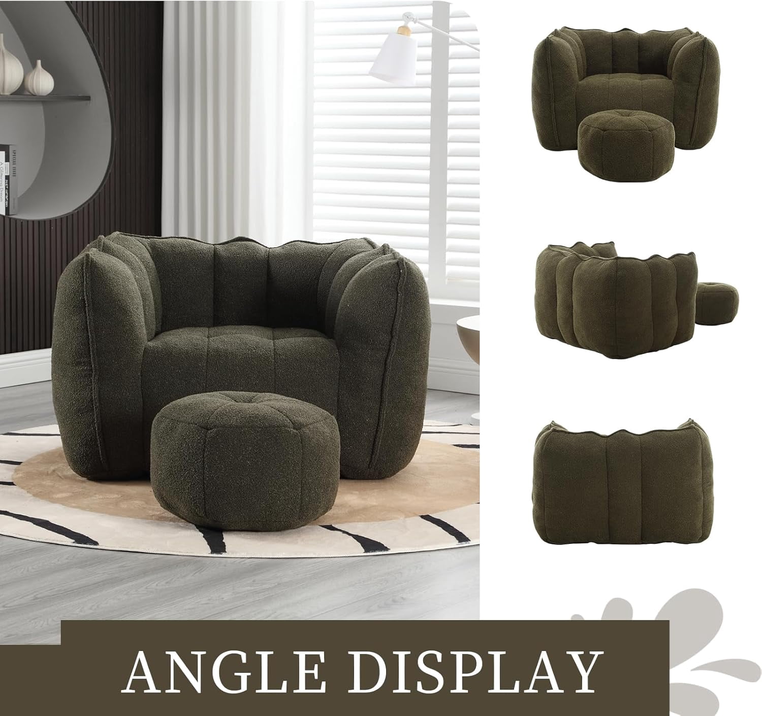 Tabaray Bean Bag Chairs with Ottoman, Bean Bag Couch for Adults, Bean Bag Sofa w High Resilient Foam, Modern Lazy Sofa Chair with Armrest for Living Room, Bedroom, Gaming Room, Apartment Olive Green