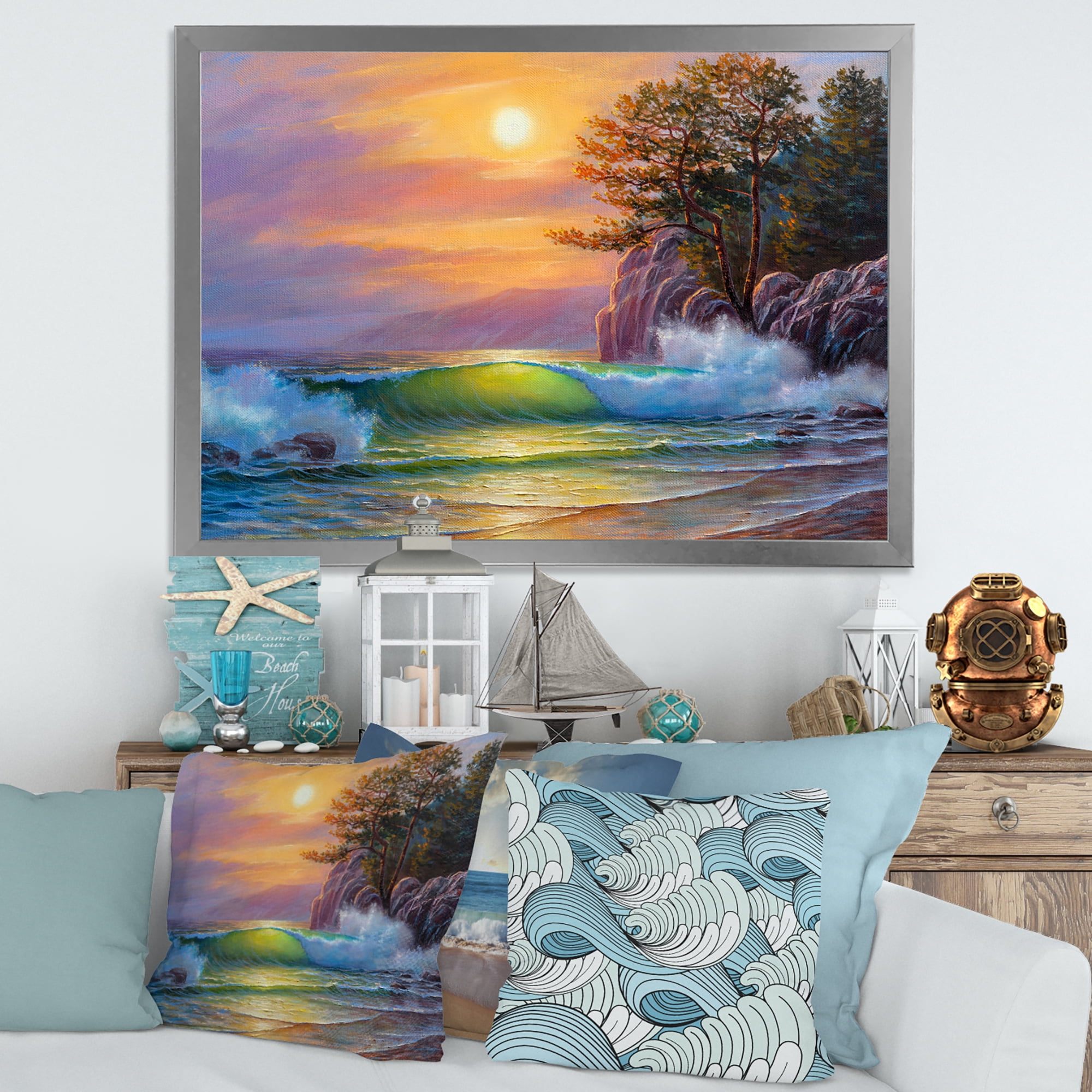 Designart 'Sunrise On Sea Waves By The Pine Trees' Nautical & Coastal Framed Art Print