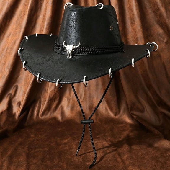 QSAWXQZ Men's Faux Leather Cowboy Hat Wide Brim with Bull Skull Ornament Halloween Hat Free Size