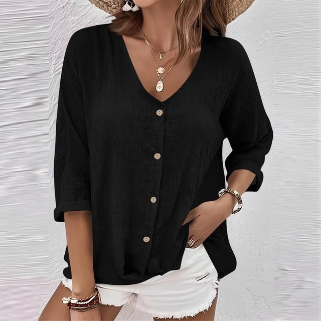 Ailaofu Women's V Neck Summer Tops Casual Henley Button Down T Shirts