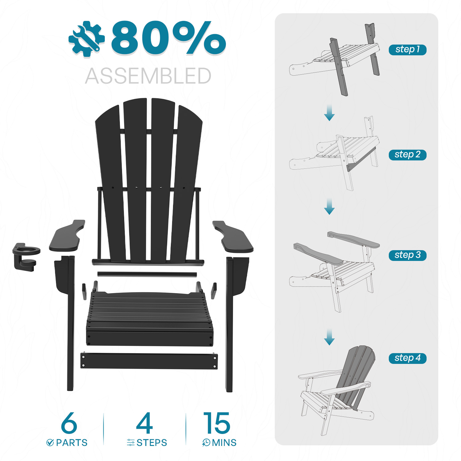 FURRYFECTION Folding Adirondack Chair Set of 2 with Cup Holder,All-Weather HDPE Outdoor Fir Pit Chairs for Patio Garden Backyard,Black