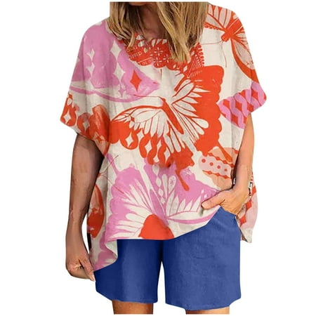 

Womens Casual Summer Linen 2 Pieces Outfits Printing Short Sleeve Loose Tops with Pockets Shorts Sets Pajamas Loungewear