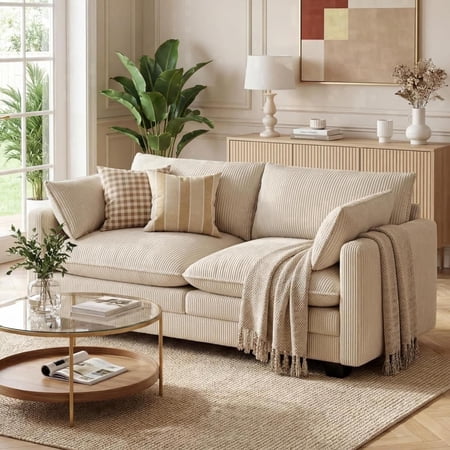 70'' Cloud Loveseat with Washable Cover for Small Space, Noelse Soft Corduroy Couch with 2 Pillows, 2 Seater Modular Sectional Sofa with Deep Comfy Seat Cushion for Living Room Bedroom, Beige