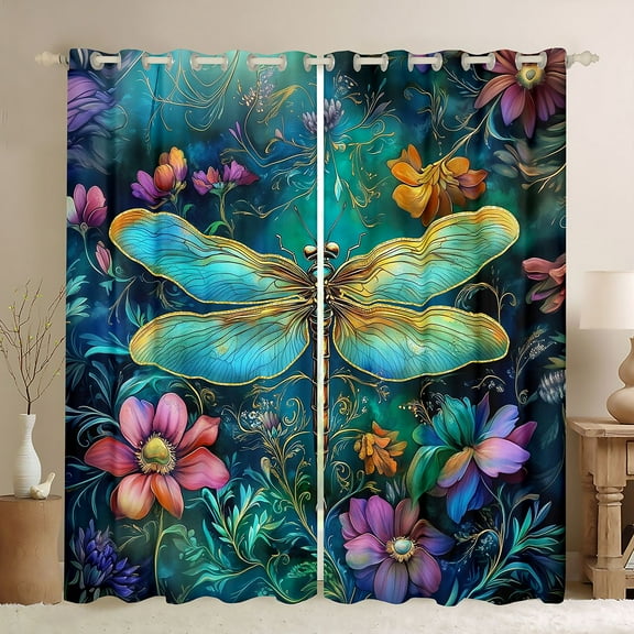 Feelyou Green Dragonfly Black Out Curtains, Flower Curtains Pack of 2 (42x63 Each)