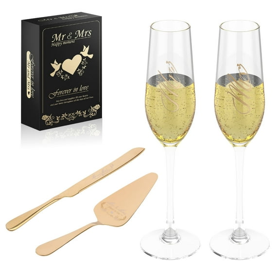 Grusce Mr and Mrs Champagne Flutes, 4PCS Bride and Groom Champagne Glasses, Wedding Cake Knife and Server Set, Cake Cutting Set for Wedding, Bridal Shower Gifts, Engagement Gifts for Couples